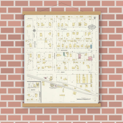 Old map wall art mockup — magnetic wood frame on brick wall — Sanborn Fire Insurance Map from Danvers, McLean County, Illinois (1910), Sheet #0002