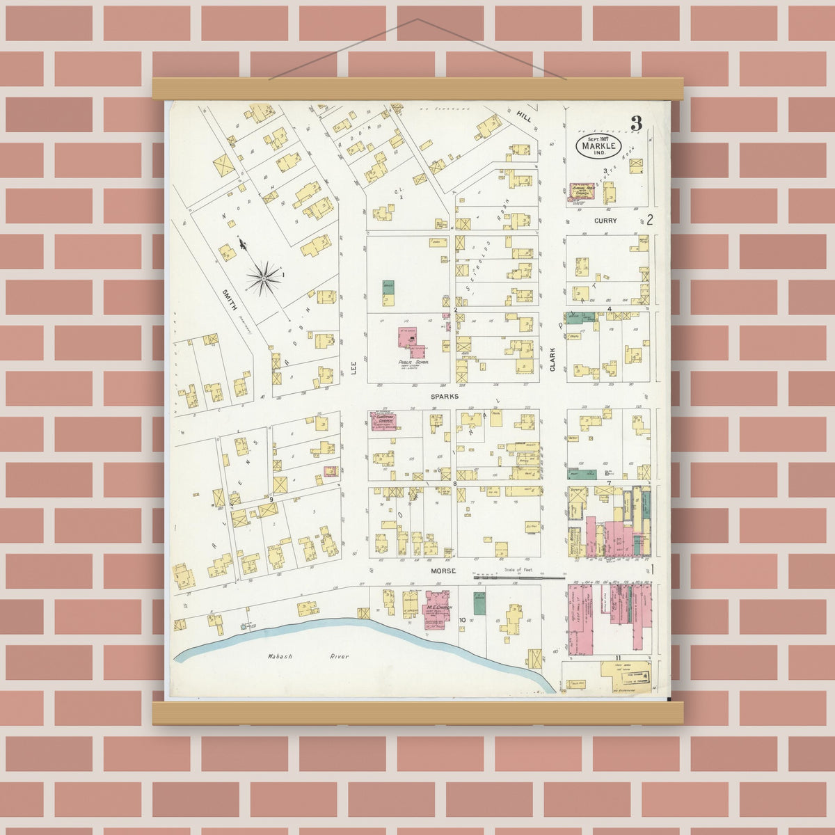 Old map wall art mockup — magnetic wood frame on brick wall — Sanborn Fire Insurance Map from Markle, Huntington County, Indiana (1907), Sheet #0003