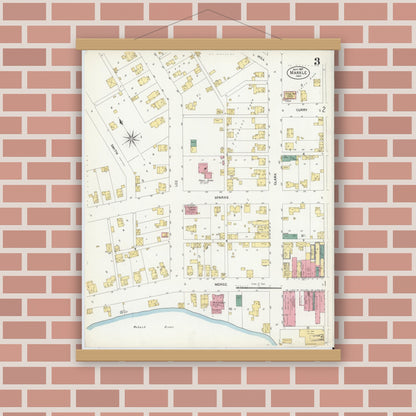 Old map wall art mockup — magnetic wood frame on brick wall — Sanborn Fire Insurance Map from Markle, Huntington County, Indiana (1907), Sheet #0003