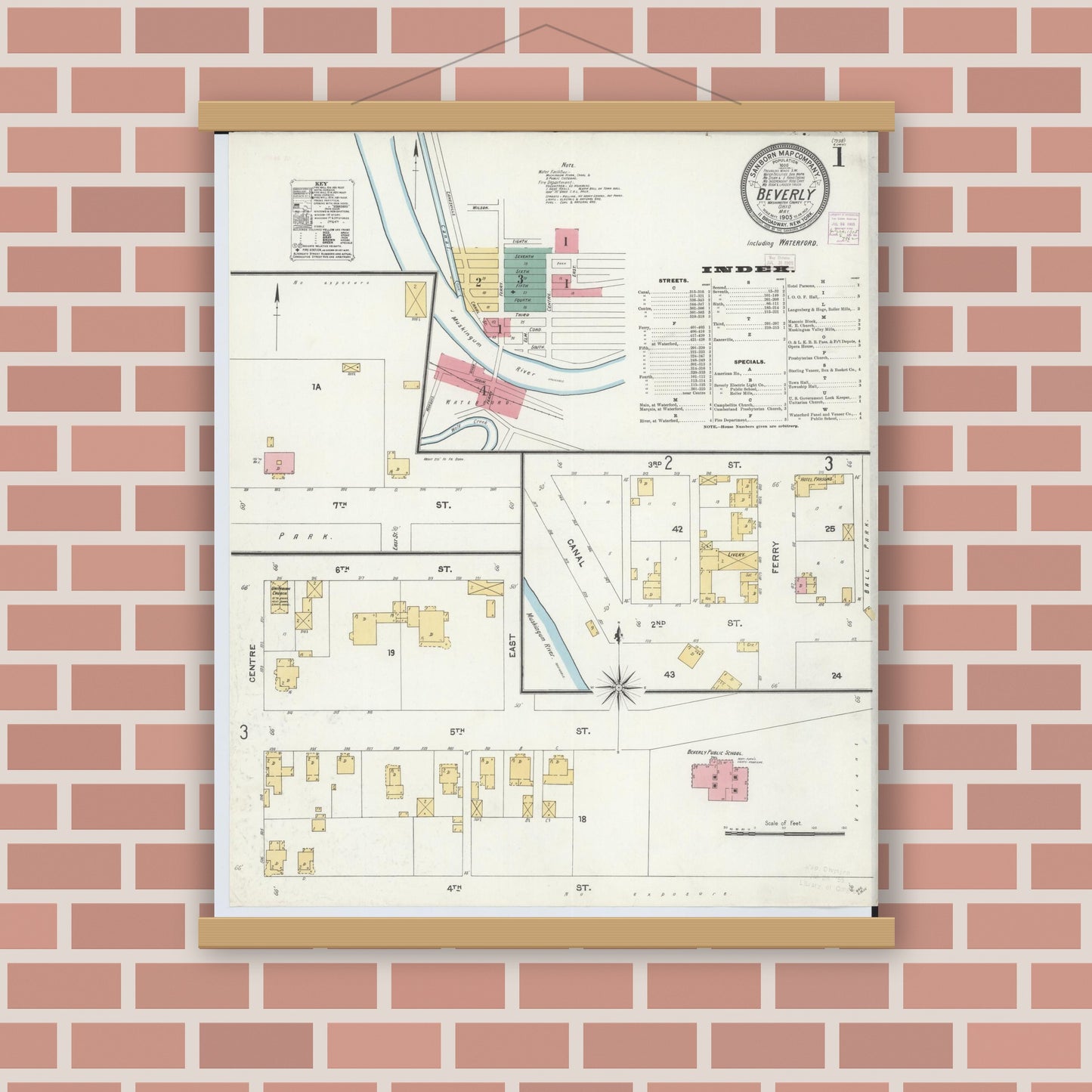 Old map wall art mockup — magnetic wood frame on brick wall — Sanborn Fire Insurance Map from Beverly, Washington County, Ohio (1905), Sheet #0001