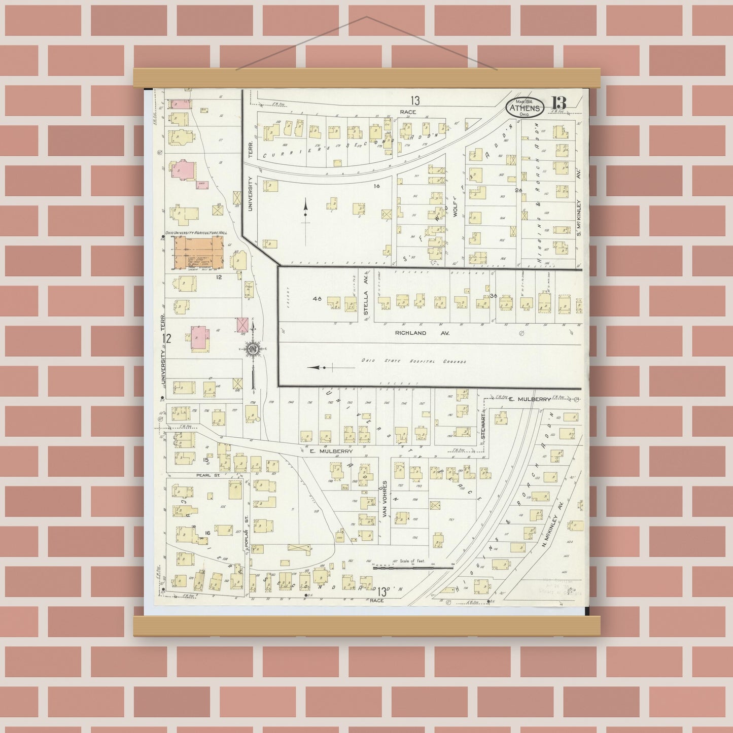 Old map wall art mockup — magnetic wood frame on brick wall — Sanborn Fire Insurance Map from Athens, Athens County, Ohio (1914), Sheet #0013
