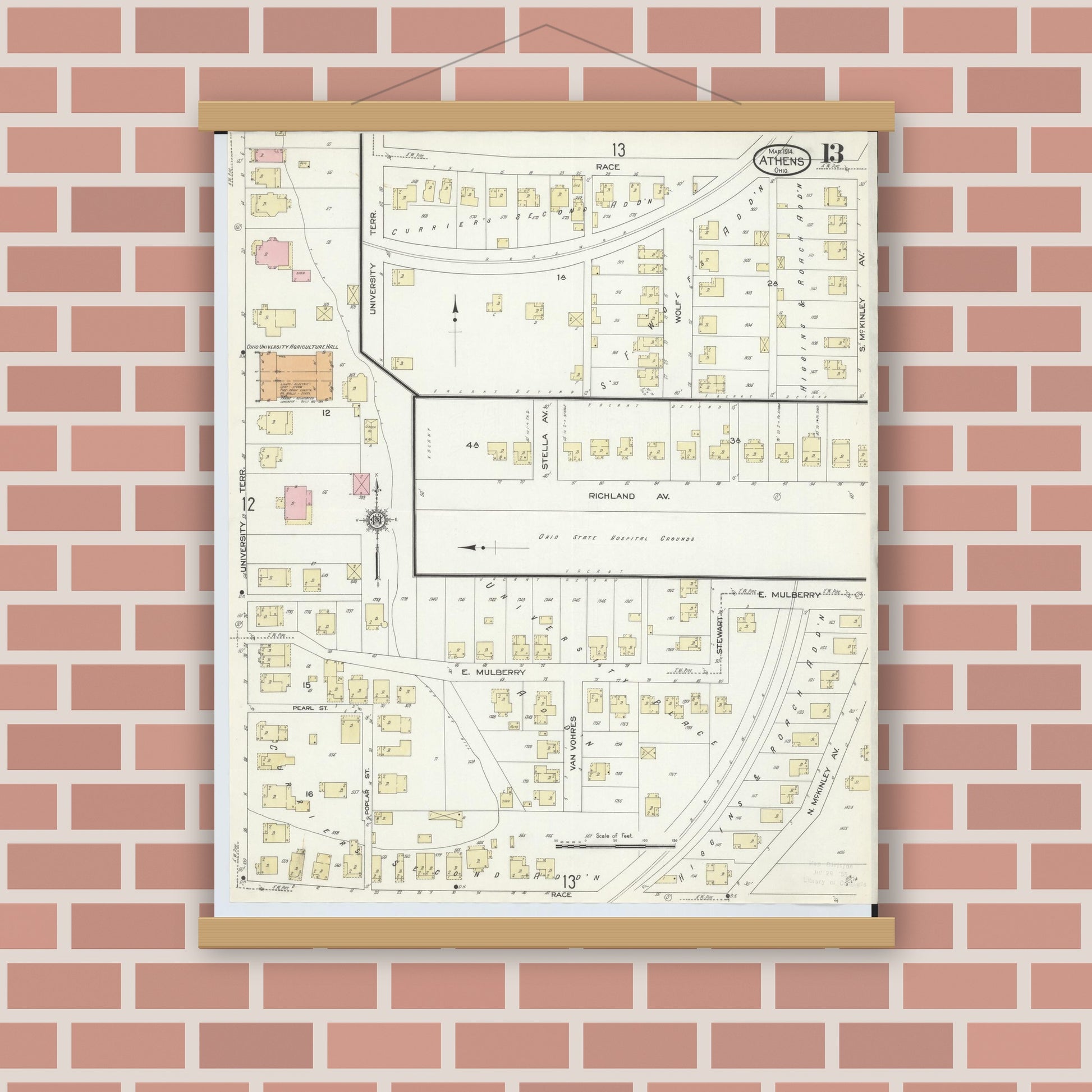 Old map wall art mockup — magnetic wood frame on brick wall — Sanborn Fire Insurance Map from Athens, Athens County, Ohio (1914), Sheet #0013