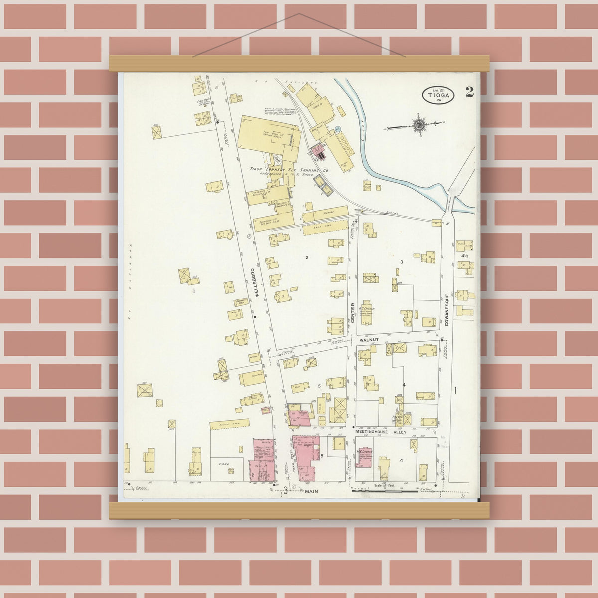 Old map wall art mockup — magnetic wood frame on brick wall — Sanborn Fire Insurance Map from Tioga, Tioga County, Pennsylvania (1911), Sheet #0002
