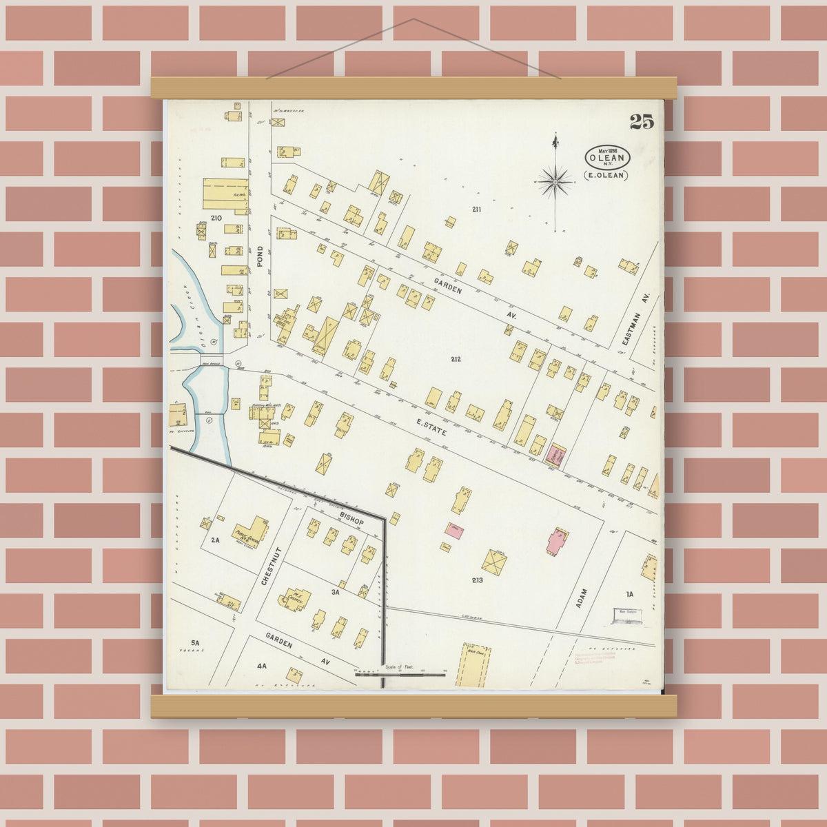 Old map wall art mockup — magnetic wood frame on brick wall — Sanborn Fire Insurance Map from Olean, Cattaraugus County, New York (1898), Sheet #0025