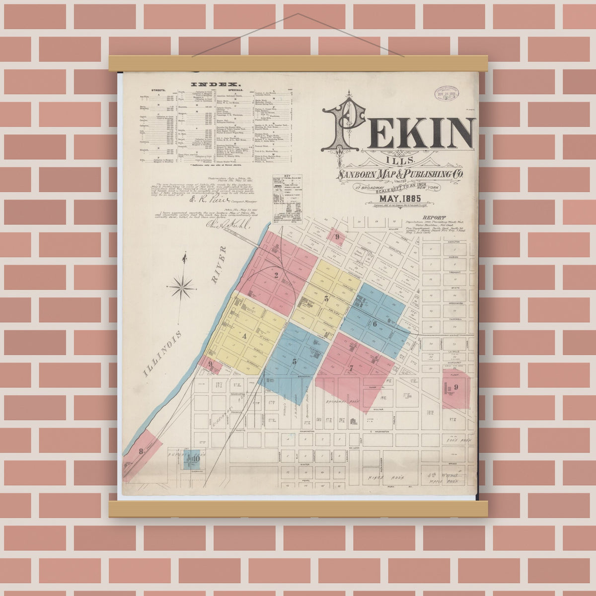 Old map wall art mockup — magnetic wood frame on brick wall — Sanborn Fire Insurance Map from Pekin, Tazewell County, Illinois (1885) - Complete Map Set