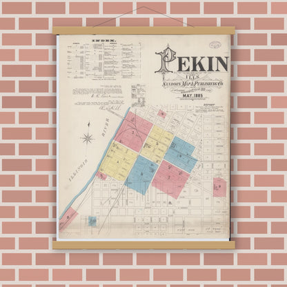 Old map wall art mockup — magnetic wood frame on brick wall — Sanborn Fire Insurance Map from Pekin, Tazewell County, Illinois (1885) - Complete Map Set
