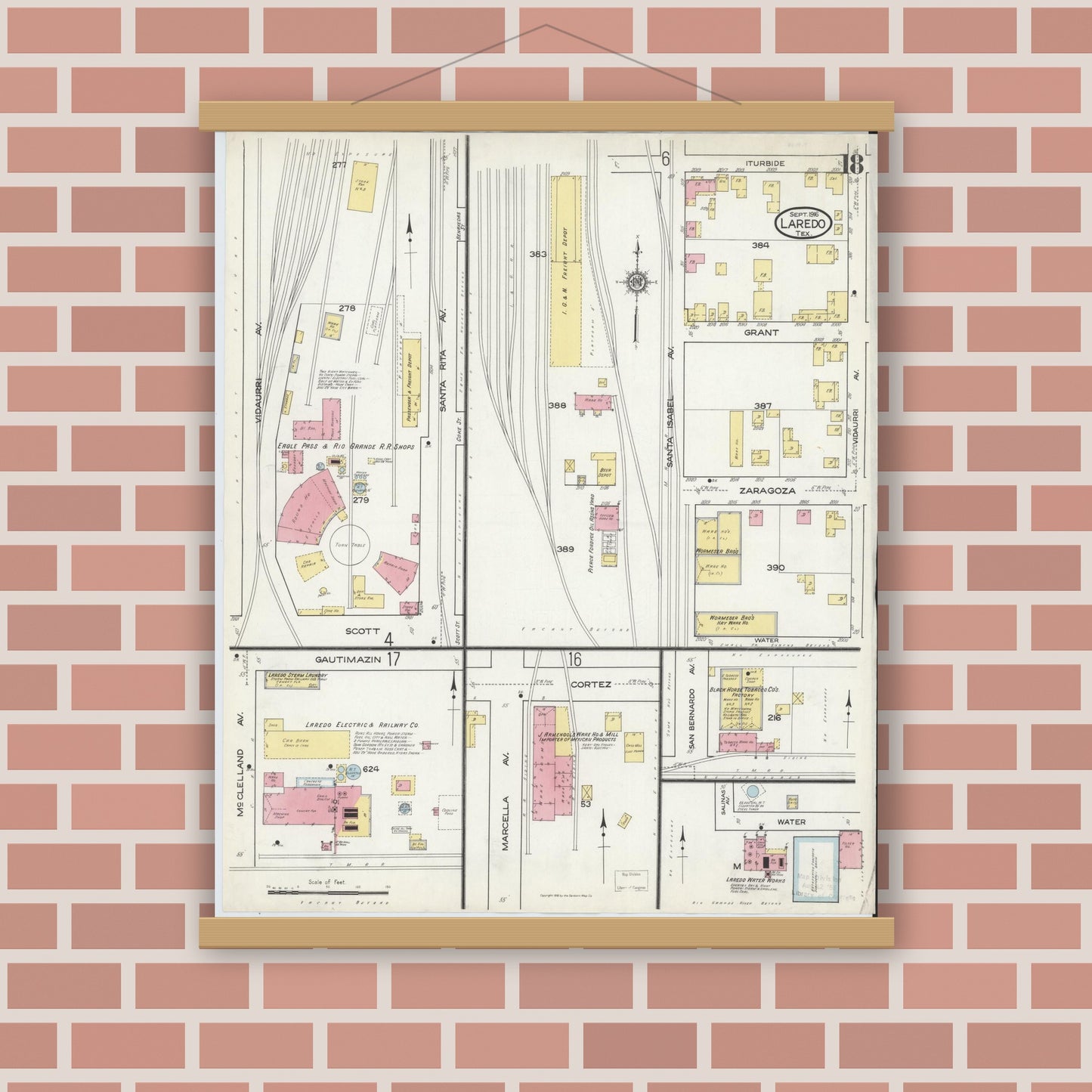 Old map wall art mockup — magnetic wood frame on brick wall — Sanborn Fire Insurance Map from Laredo, Webb County, Texas (1916), Sheet #0018