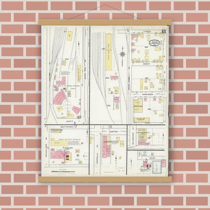 Old map wall art mockup — magnetic wood frame on brick wall — Sanborn Fire Insurance Map from Laredo, Webb County, Texas (1916), Sheet #0018