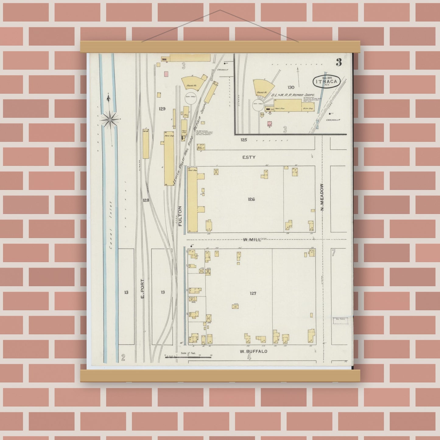 Old map wall art mockup — magnetic wood frame on brick wall — Sanborn Fire Insurance Map from Ithaca, Tompkins County, New York (1893) - Complete Map Set