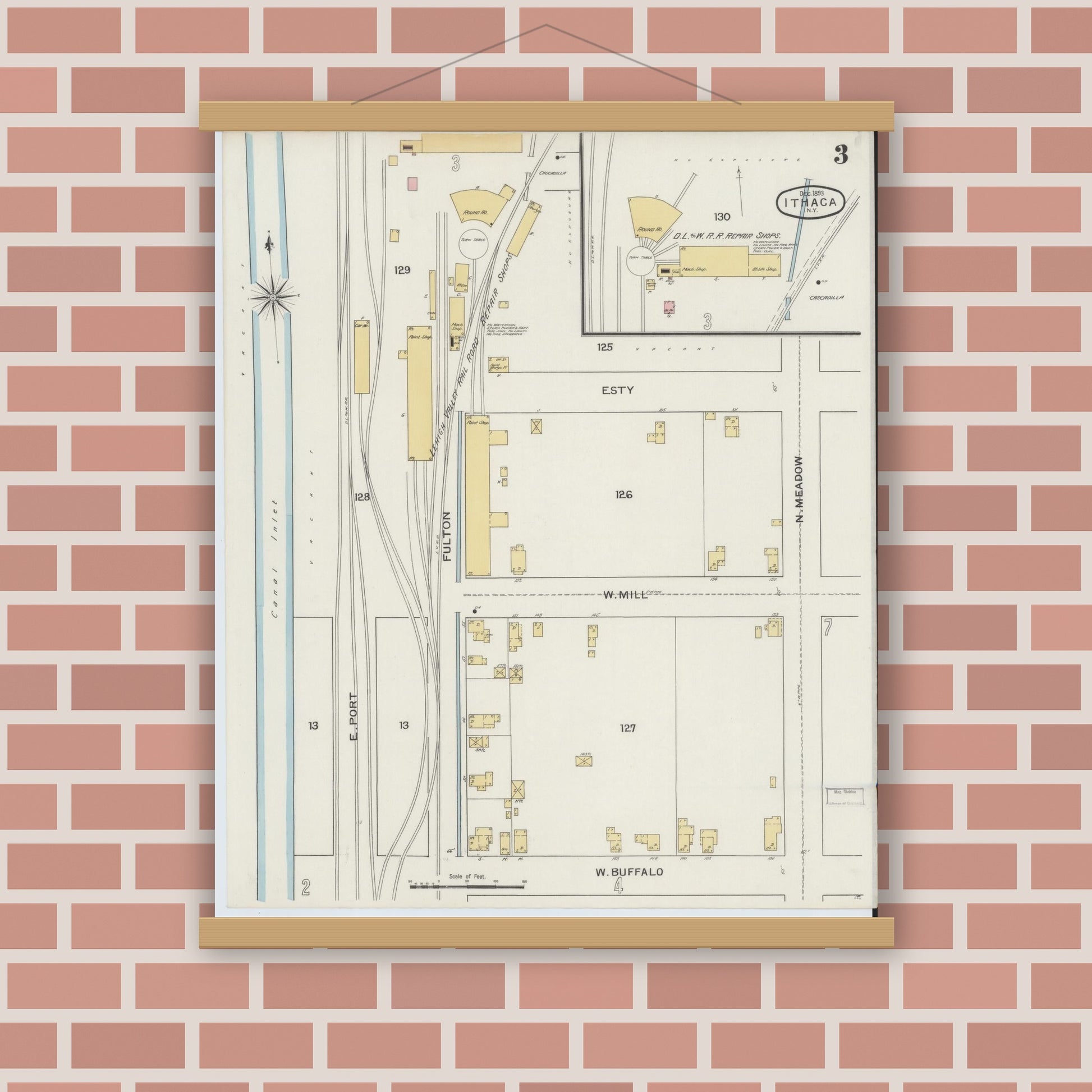 Old map wall art mockup — magnetic wood frame on brick wall — Sanborn Fire Insurance Map from Ithaca, Tompkins County, New York (1893) - Complete Map Set
