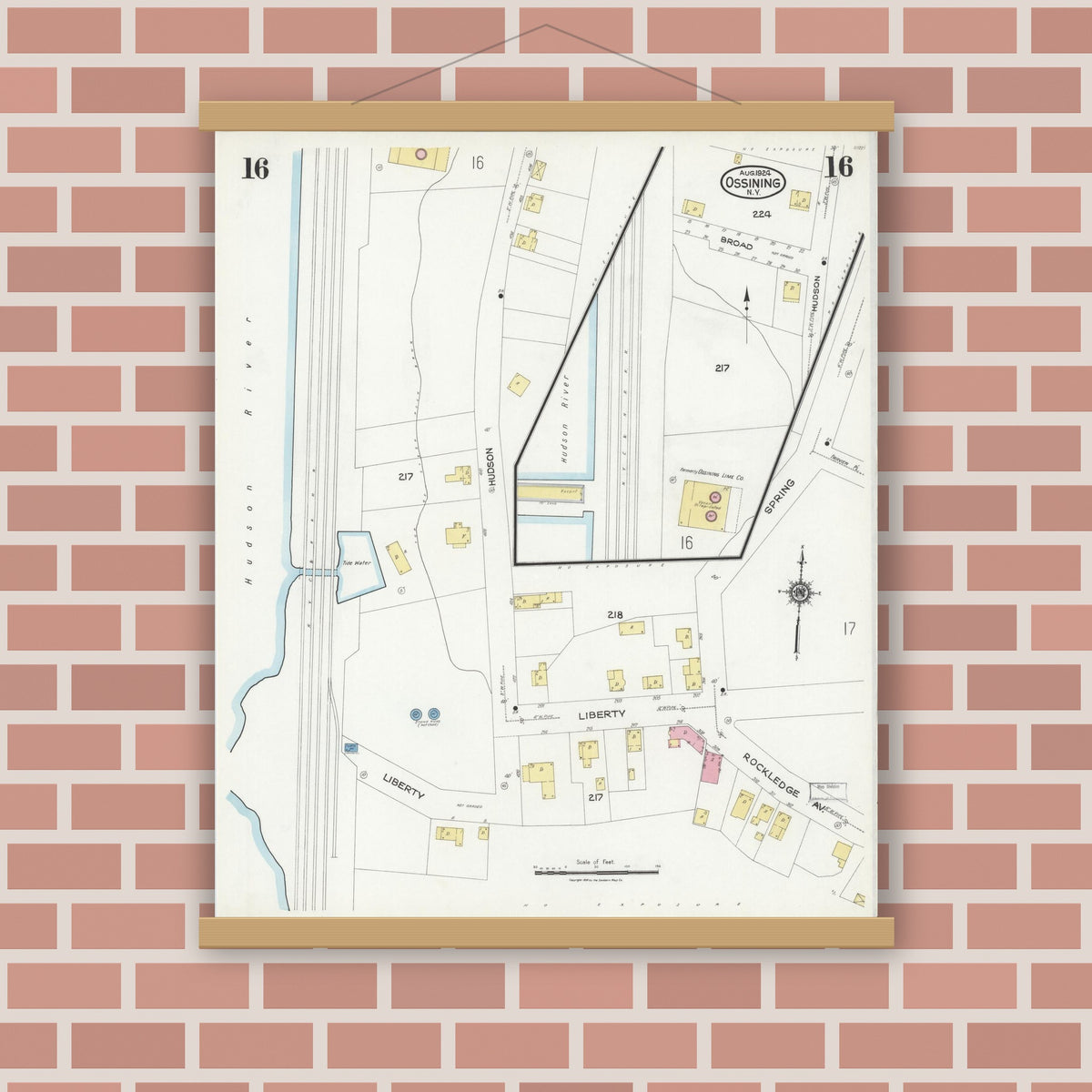 Old map wall art mockup — magnetic wood frame on brick wall — Sanborn Fire Insurance Map from Ossining, Westchester County, New York (1924), Sheet #0016