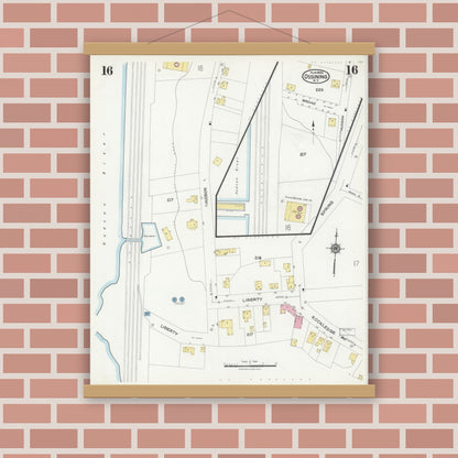Old map wall art mockup — magnetic wood frame on brick wall — Sanborn Fire Insurance Map from Ossining, Westchester County, New York (1924), Sheet #0016