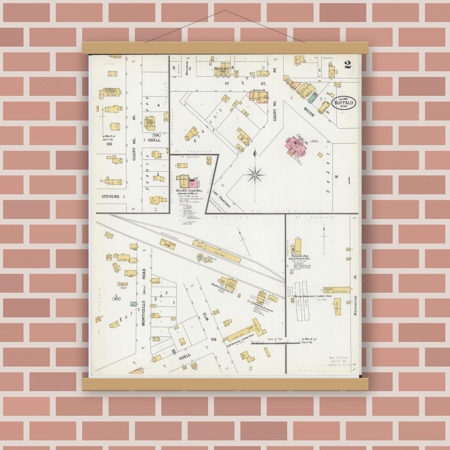Old map wall art mockup — magnetic wood frame on brick wall — Sanborn Fire Insurance Map from Buffalo, Wright County, Minnesota (1900), Sheet #0002