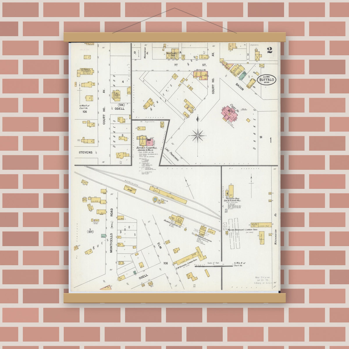 Old map wall art mockup — magnetic wood frame on brick wall — Sanborn Fire Insurance Map from Buffalo, Wright County, Minnesota (1900), Sheet #0002