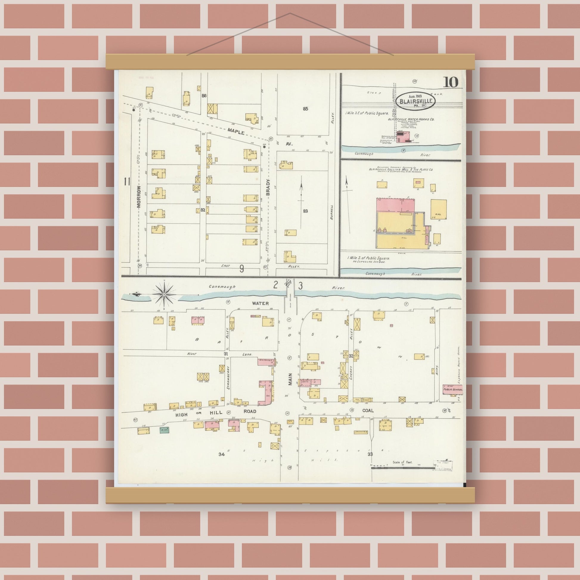 Old map wall art mockup — magnetic wood frame on brick wall — Sanborn Fire Insurance Map from Blairsville, Indiana County, Pennsylvania (1903), Sheet #0010