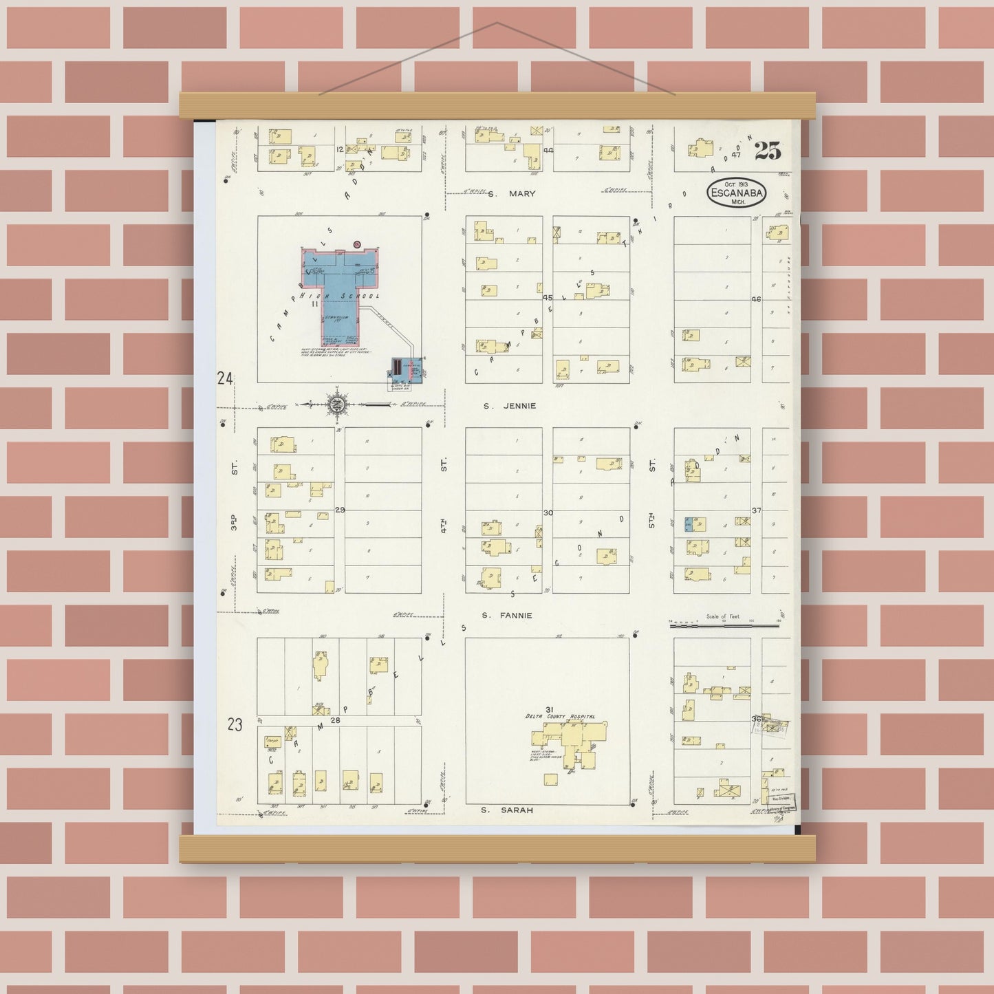 Old map wall art mockup — magnetic wood frame on brick wall — Sanborn Fire Insurance Map from Escanaba, Delta County, Michigan (1913), Sheet #0025