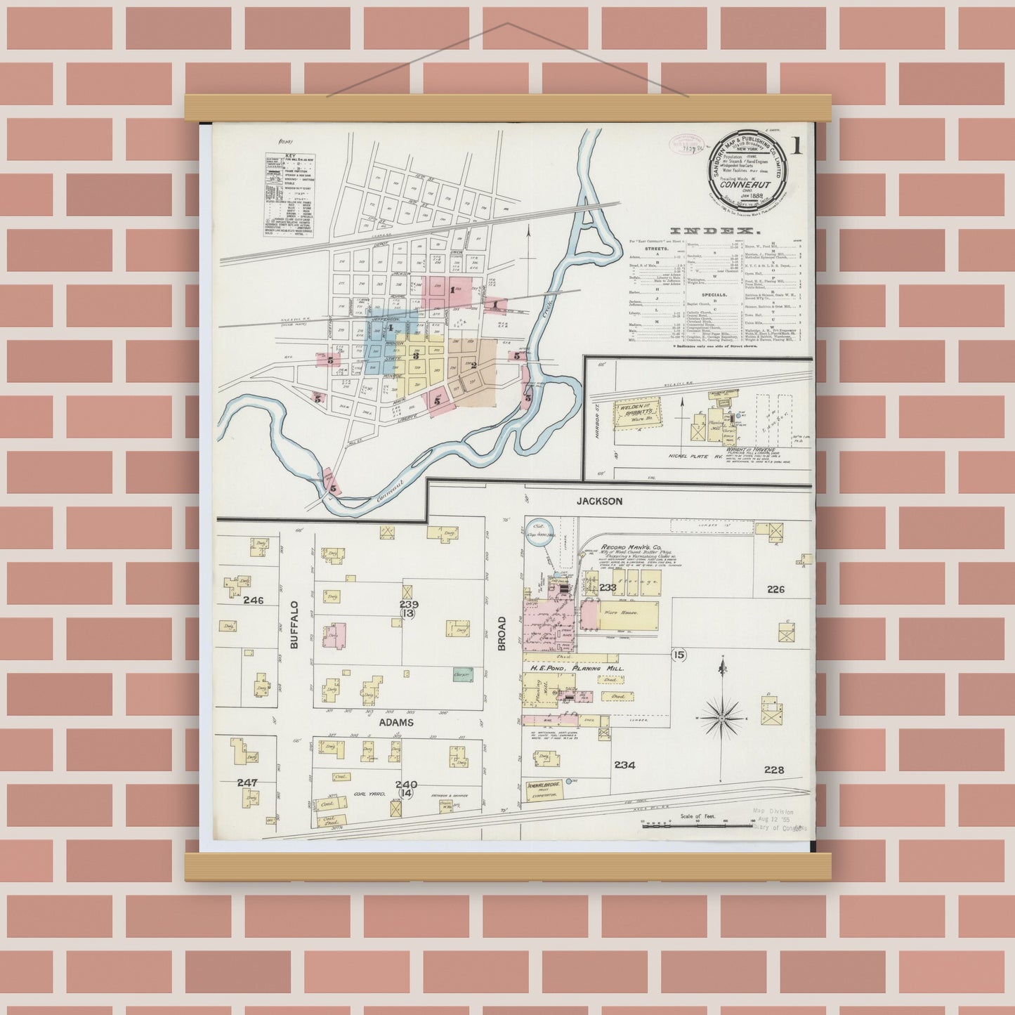 Old map wall art mockup — magnetic wood frame on brick wall — Sanborn Fire Insurance Map from Conneaut, Ashtabula County, Ohio (1889) - Complete Map Set