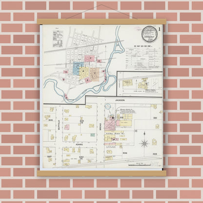 Old map wall art mockup — magnetic wood frame on brick wall — Sanborn Fire Insurance Map from Conneaut, Ashtabula County, Ohio (1889) - Complete Map Set