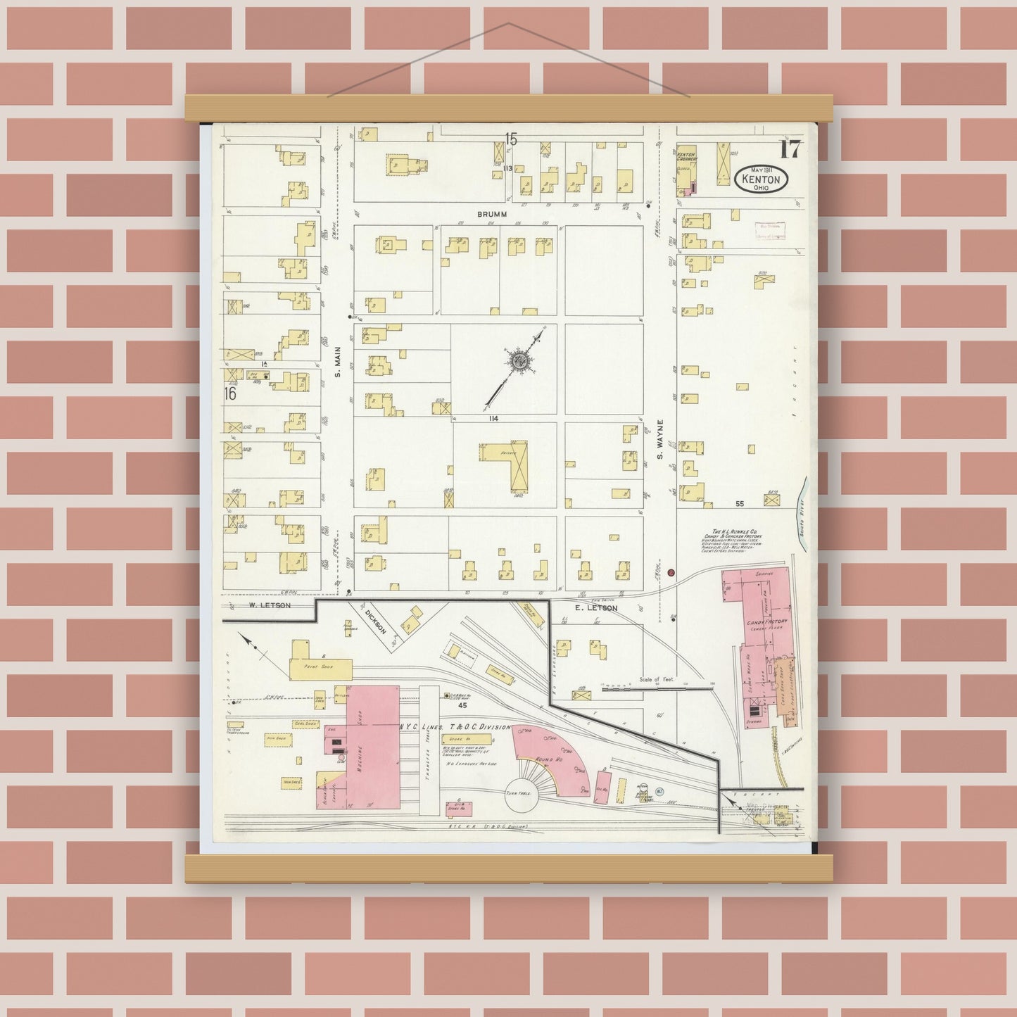 Old map wall art mockup — magnetic wood frame on brick wall — Sanborn Fire Insurance Map from Kenton, Hardin County, Ohio (1911), Sheet #0017