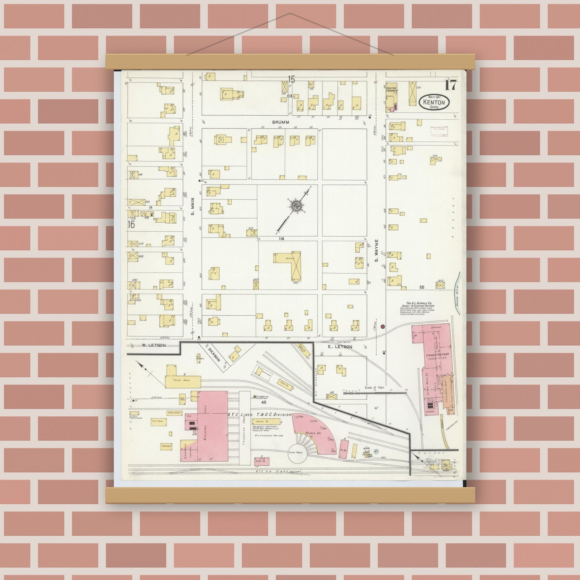Old map wall art mockup — magnetic wood frame on brick wall — Sanborn Fire Insurance Map from Kenton, Hardin County, Ohio (1911), Sheet #0017