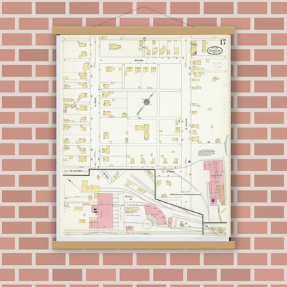 Old map wall art mockup — magnetic wood frame on brick wall — Sanborn Fire Insurance Map from Kenton, Hardin County, Ohio (1911), Sheet #0017