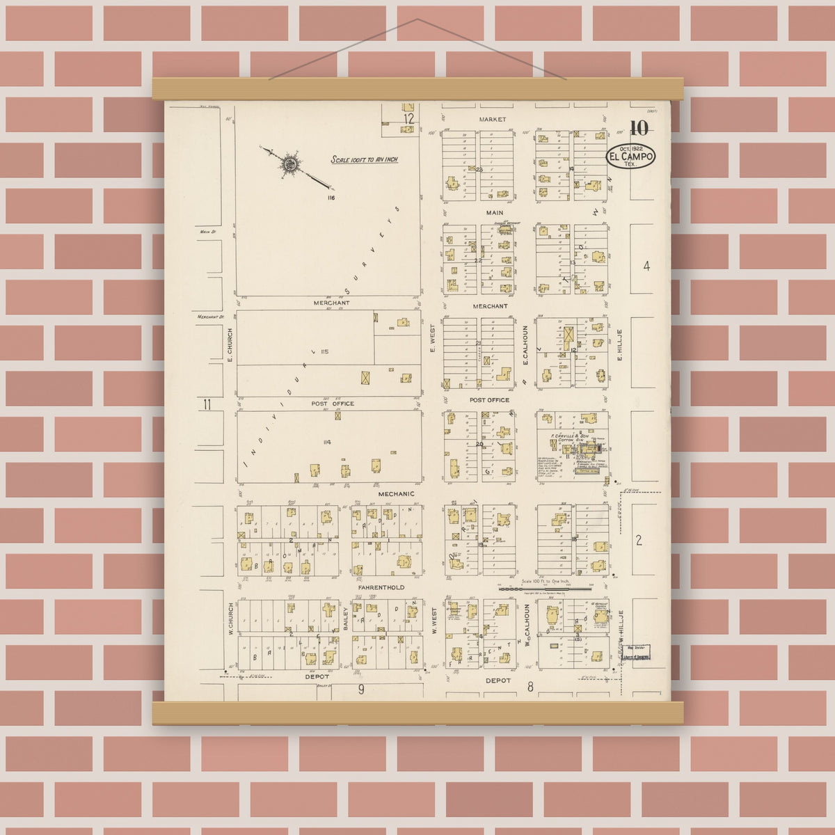 Old map wall art mockup — magnetic wood frame on brick wall — Sanborn Fire Insurance Map from El Campo, Wharton County, Texas (1922), Sheet #0010
