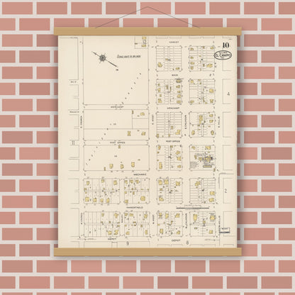 Old map wall art mockup — magnetic wood frame on brick wall — Sanborn Fire Insurance Map from El Campo, Wharton County, Texas (1922), Sheet #0010