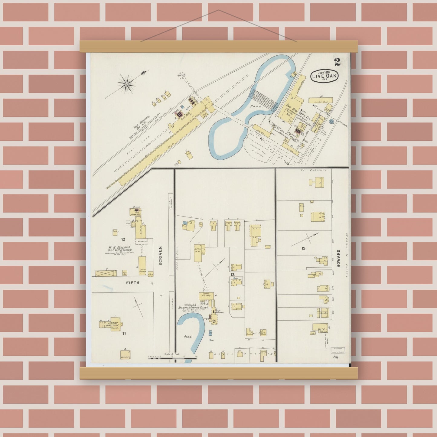 Old map wall art mockup — magnetic wood frame on brick wall — Sanborn Fire Insurance Map from Live Oak, Suwanee County, Florida (1895), Sheet #0002
