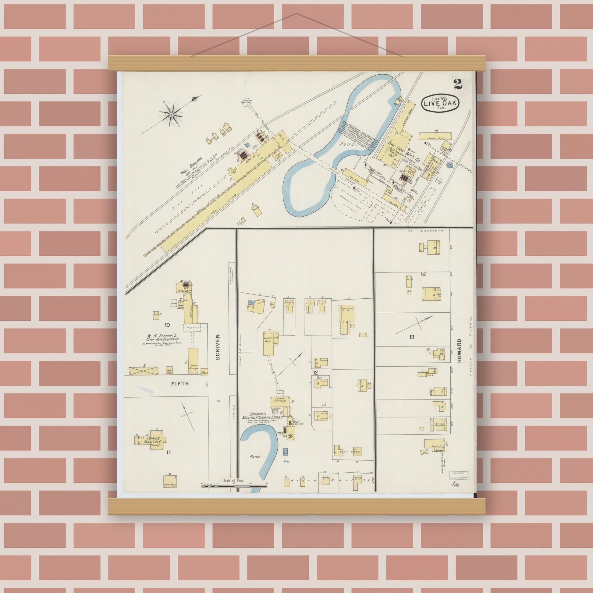 Old map wall art mockup — magnetic wood frame on brick wall — Sanborn Fire Insurance Map from Live Oak, Suwanee County, Florida (1895), Sheet #0002
