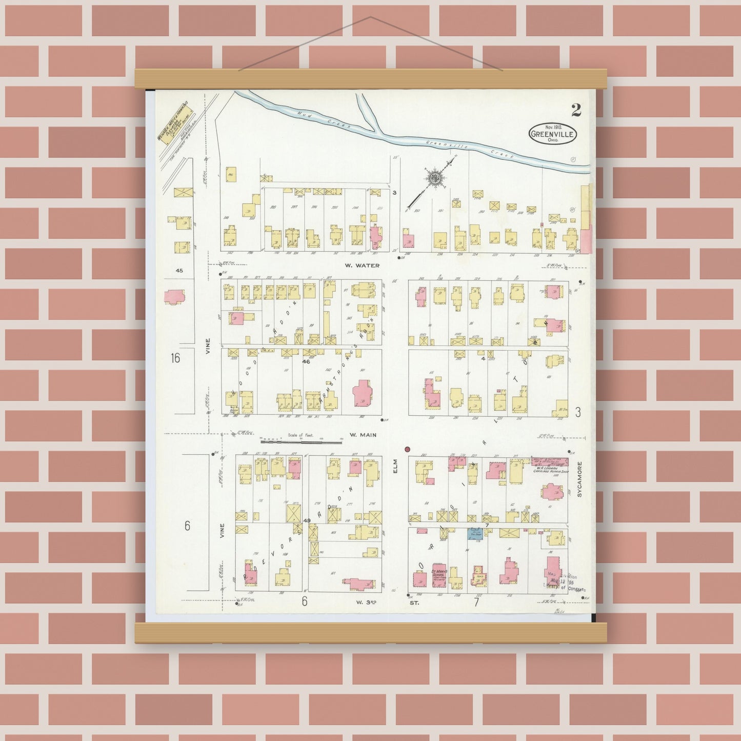 Old map wall art mockup — magnetic wood frame on brick wall — Sanborn Fire Insurance Map from Greenville, Darke County, Ohio (1910), Sheet #0002