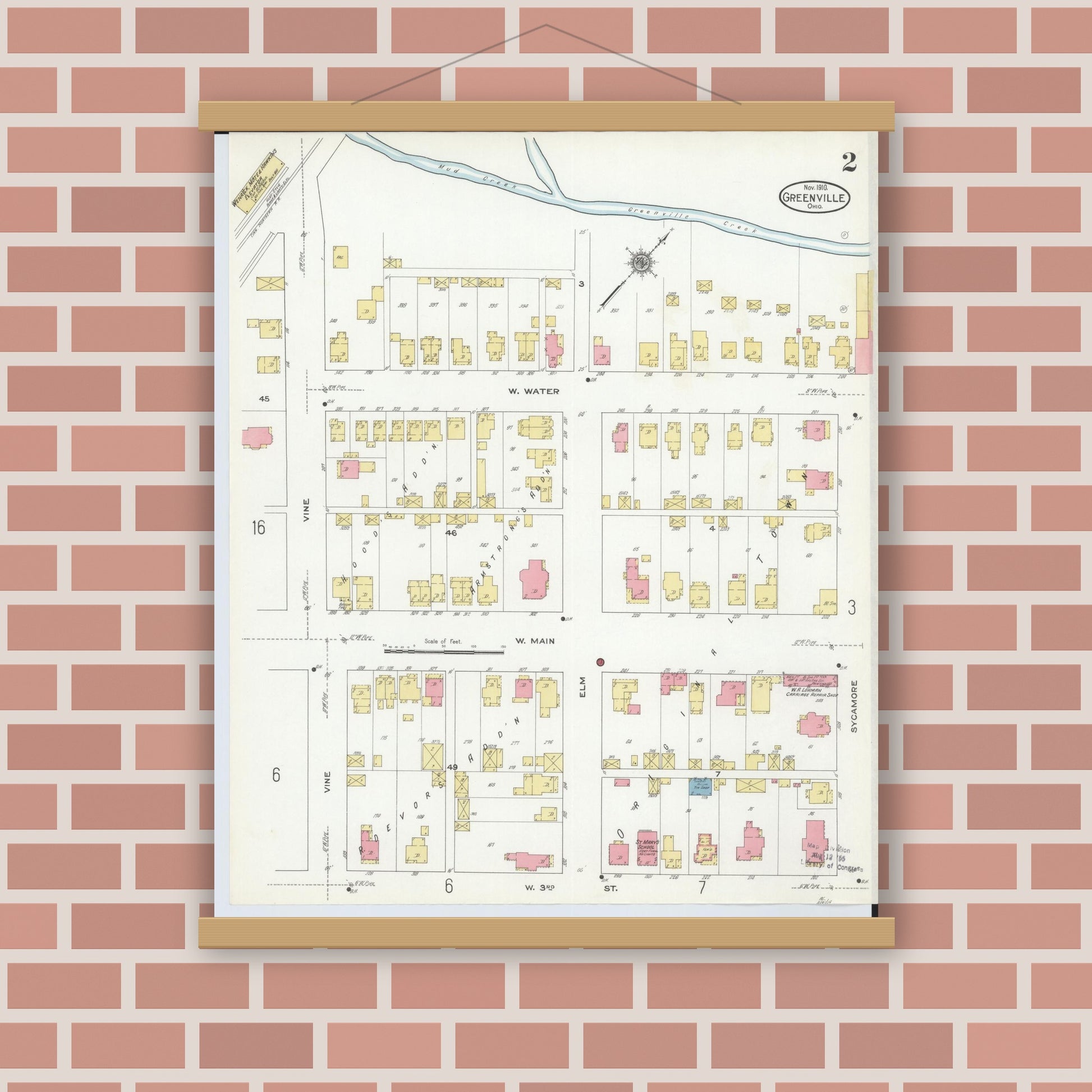 Old map wall art mockup — magnetic wood frame on brick wall — Sanborn Fire Insurance Map from Greenville, Darke County, Ohio (1910), Sheet #0002