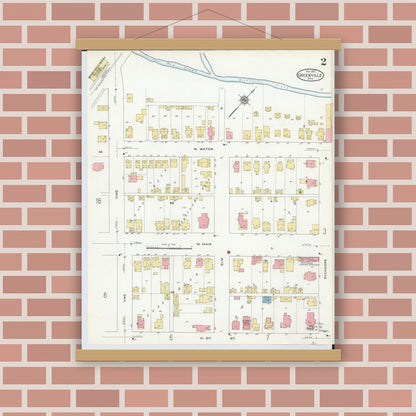 Old map wall art mockup — magnetic wood frame on brick wall — Sanborn Fire Insurance Map from Greenville, Darke County, Ohio (1910), Sheet #0002