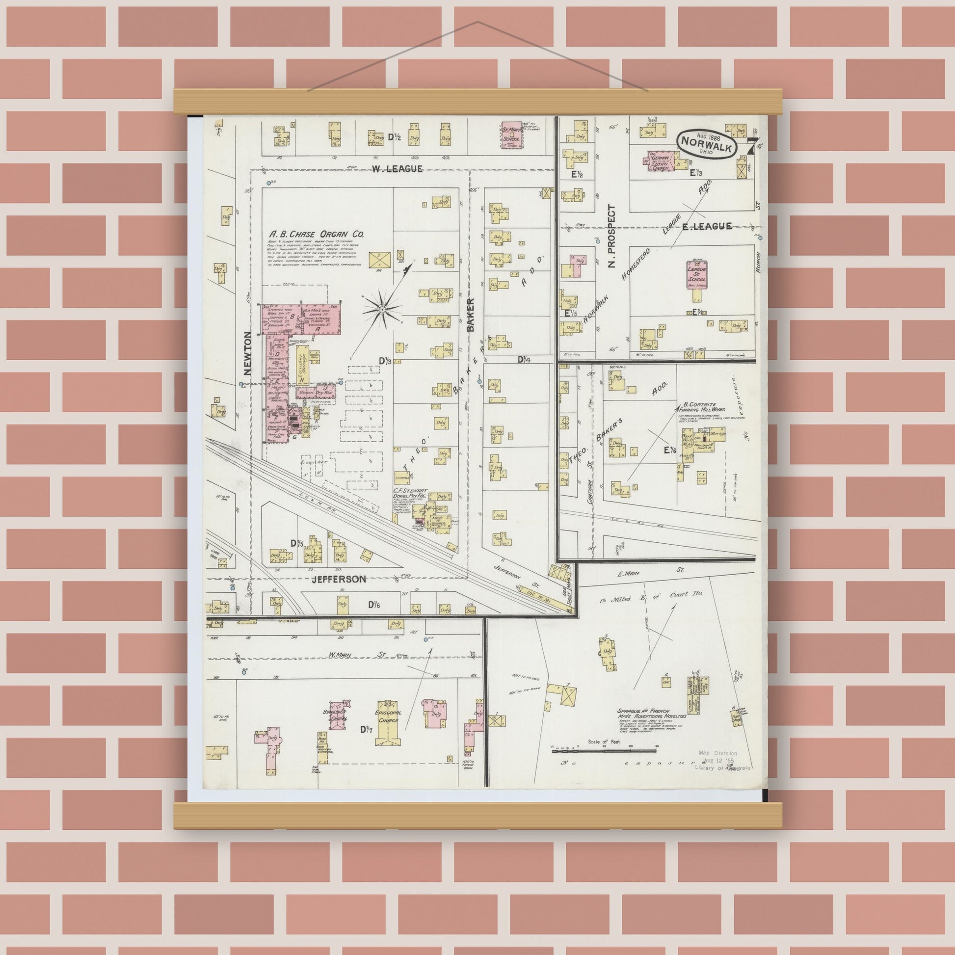 Old map wall art mockup — magnetic wood frame on brick wall — Sanborn Fire Insurance Map from Norwalk, Huron County, Ohio (1888), Sheet #0007