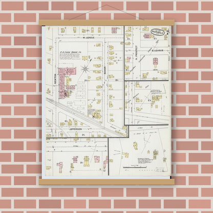 Old map wall art mockup — magnetic wood frame on brick wall — Sanborn Fire Insurance Map from Norwalk, Huron County, Ohio (1888), Sheet #0007