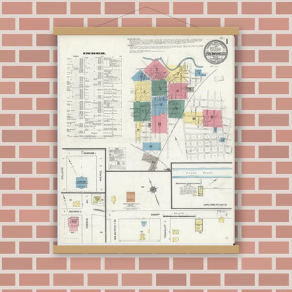 Old map wall art mockup — magnetic wood frame on brick wall — Sanborn Fire Insurance Map from Brownwood, Brown County, Texas (1909), Sheet #0001