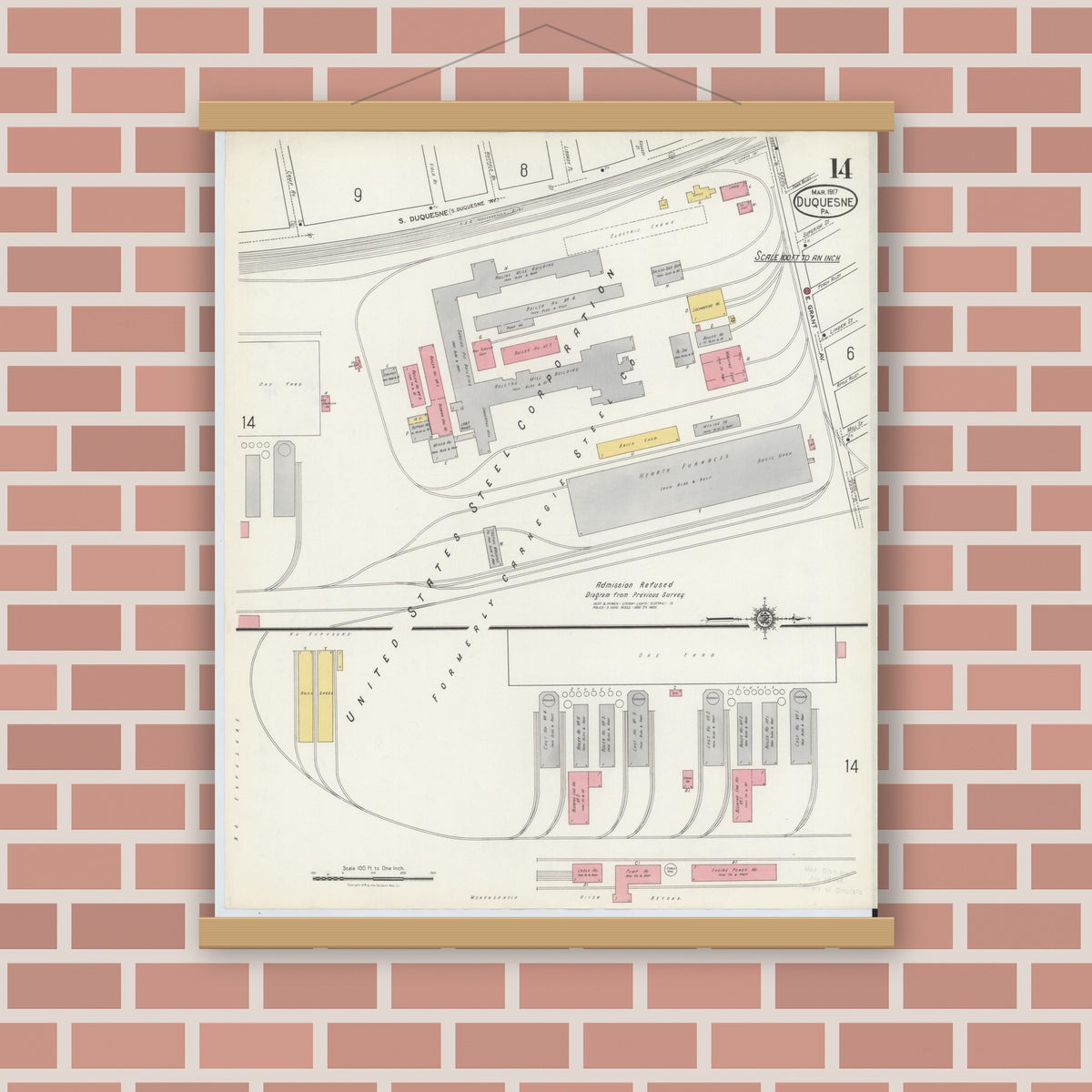 Old map wall art mockup — magnetic wood frame on brick wall — Sanborn Fire Insurance Map from Duquesne, Allegheny County, Pennsylvania (1917), Sheet #0014