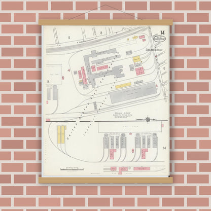 Old map wall art mockup — magnetic wood frame on brick wall — Sanborn Fire Insurance Map from Duquesne, Allegheny County, Pennsylvania (1917), Sheet #0014