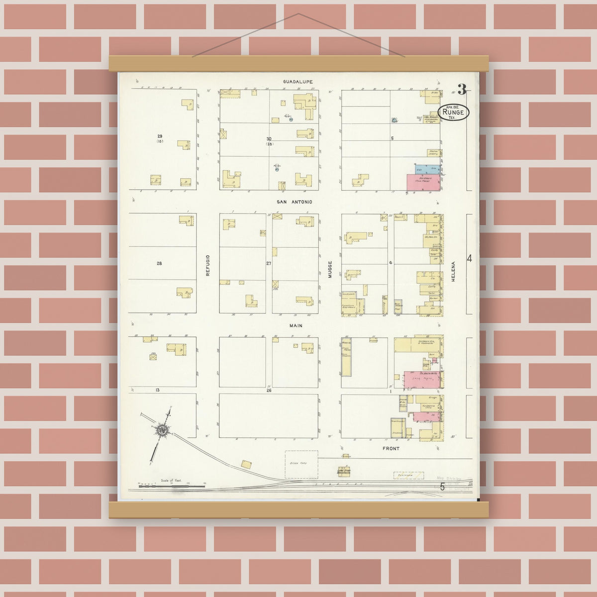 Old map wall art mockup — magnetic wood frame on brick wall — Sanborn Fire Insurance Map from Runge, Karnes County, Texas (1912), Sheet #0003