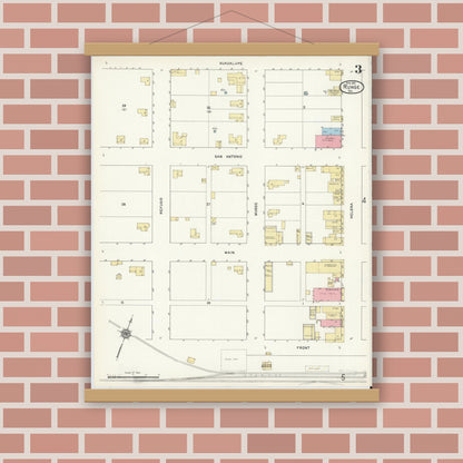 Old map wall art mockup — magnetic wood frame on brick wall — Sanborn Fire Insurance Map from Runge, Karnes County, Texas (1912), Sheet #0003