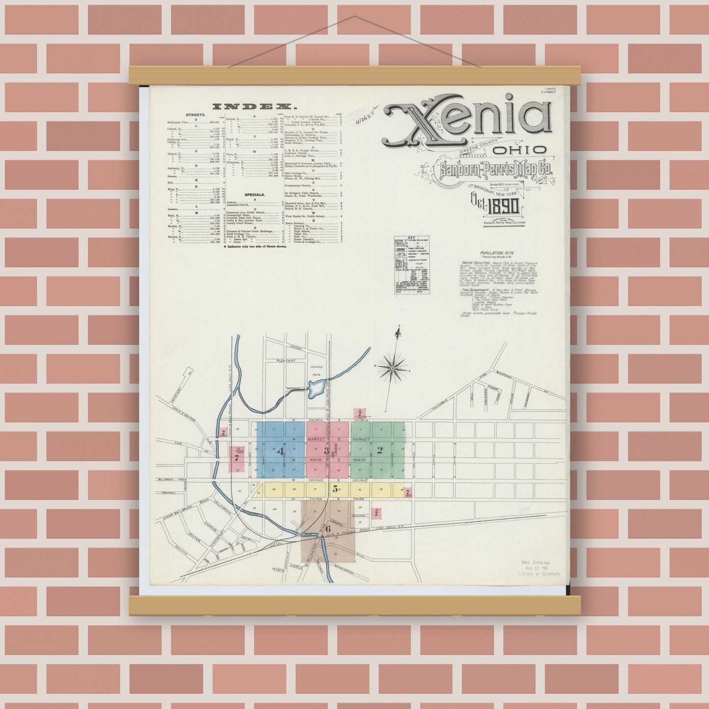 Old map wall art mockup — magnetic wood frame on brick wall — Sanborn Fire Insurance Map from Xenia, Greene County, Ohio (1890) - Complete Map Set