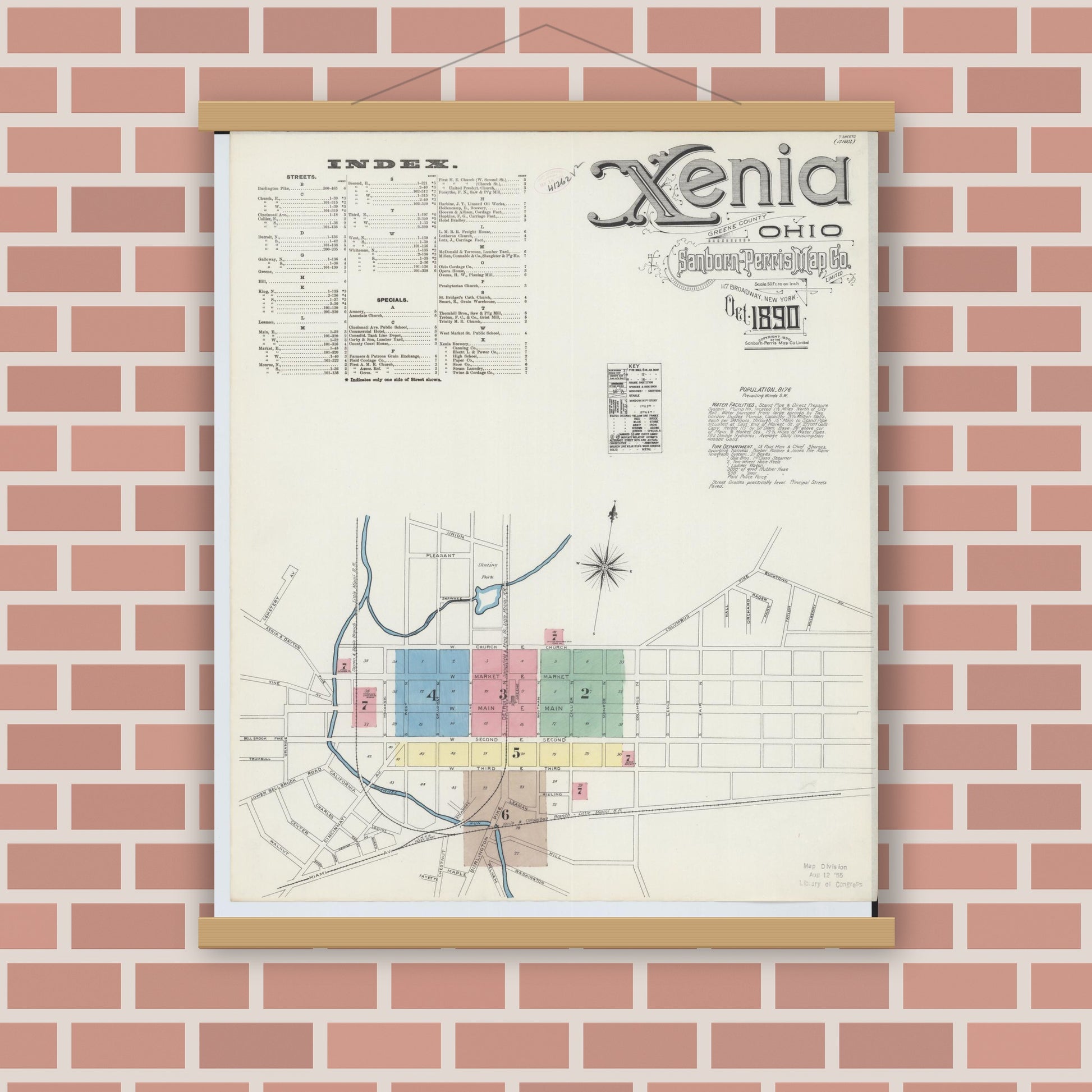 Old map wall art mockup — magnetic wood frame on brick wall — Sanborn Fire Insurance Map from Xenia, Greene County, Ohio (1890) - Complete Map Set