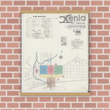 Old map wall art mockup — magnetic wood frame on brick wall — Sanborn Fire Insurance Map from Xenia, Greene County, Ohio (1890) - Complete Map Set