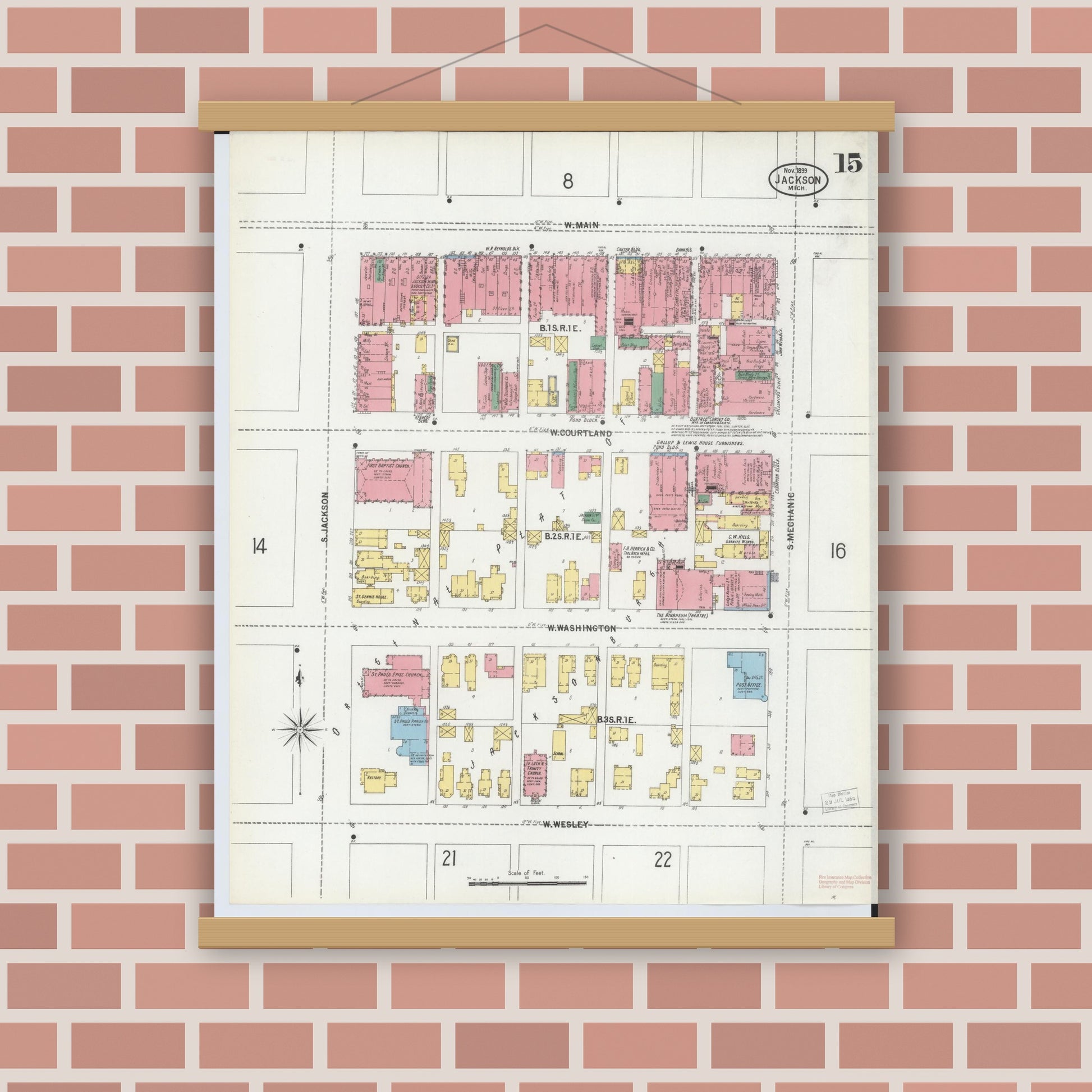 Old map wall art mockup — magnetic wood frame on brick wall — Sanborn Fire Insurance Map from Jackson, Jackson County, Michigan (1899), Sheet #0015