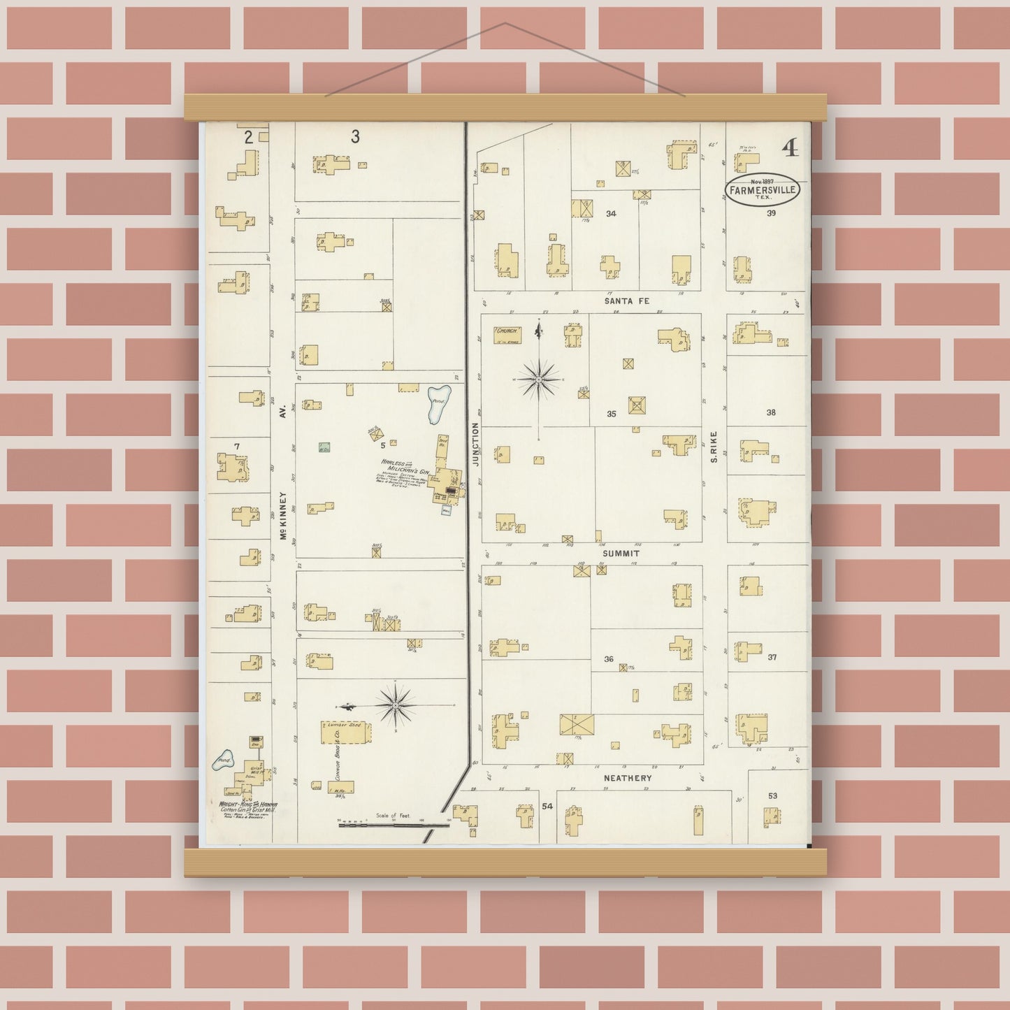 Old map wall art mockup — magnetic wood frame on brick wall — Sanborn Fire Insurance Map from Farmersville, Collin County, Texas (1897), Sheet #0004