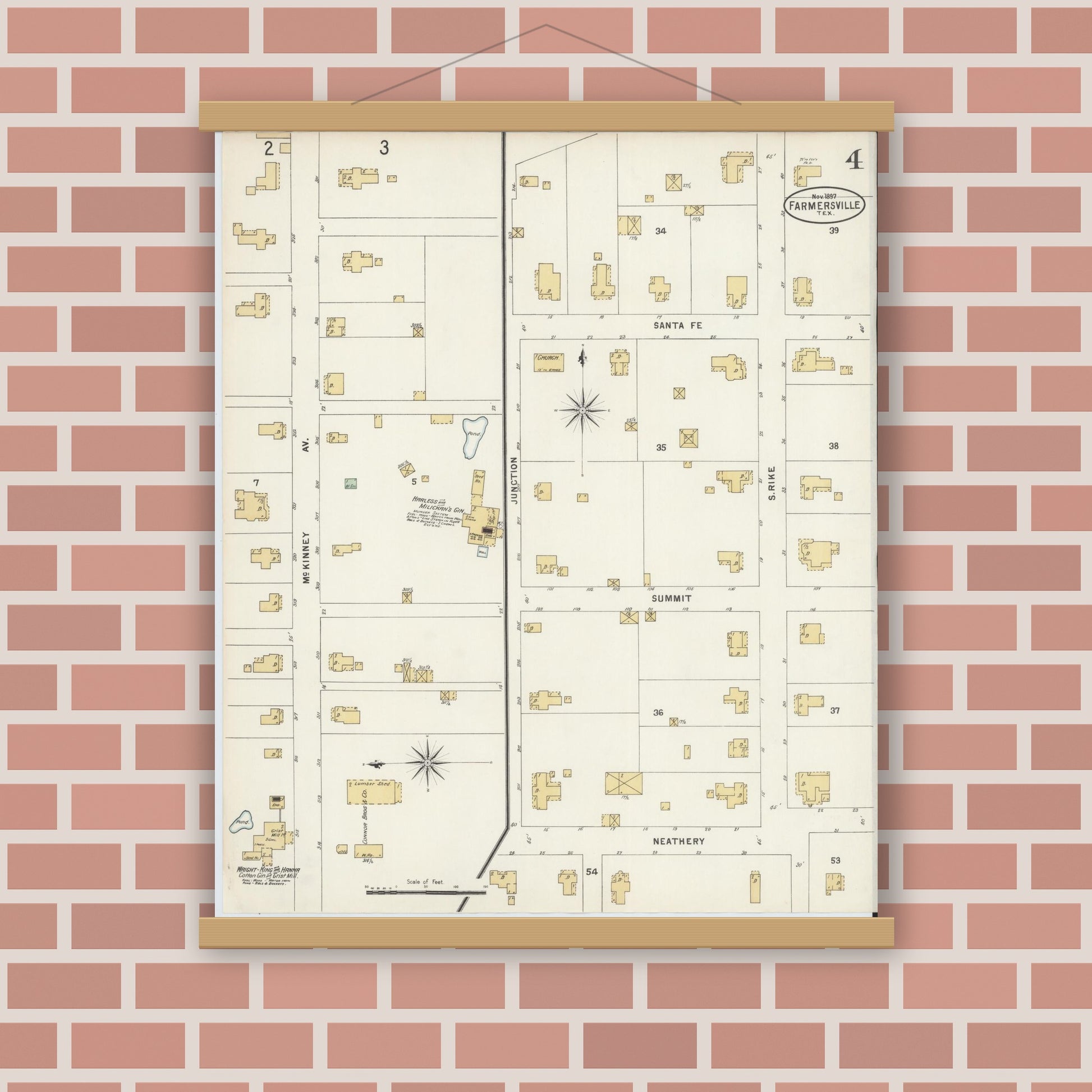 Old map wall art mockup — magnetic wood frame on brick wall — Sanborn Fire Insurance Map from Farmersville, Collin County, Texas (1897), Sheet #0004