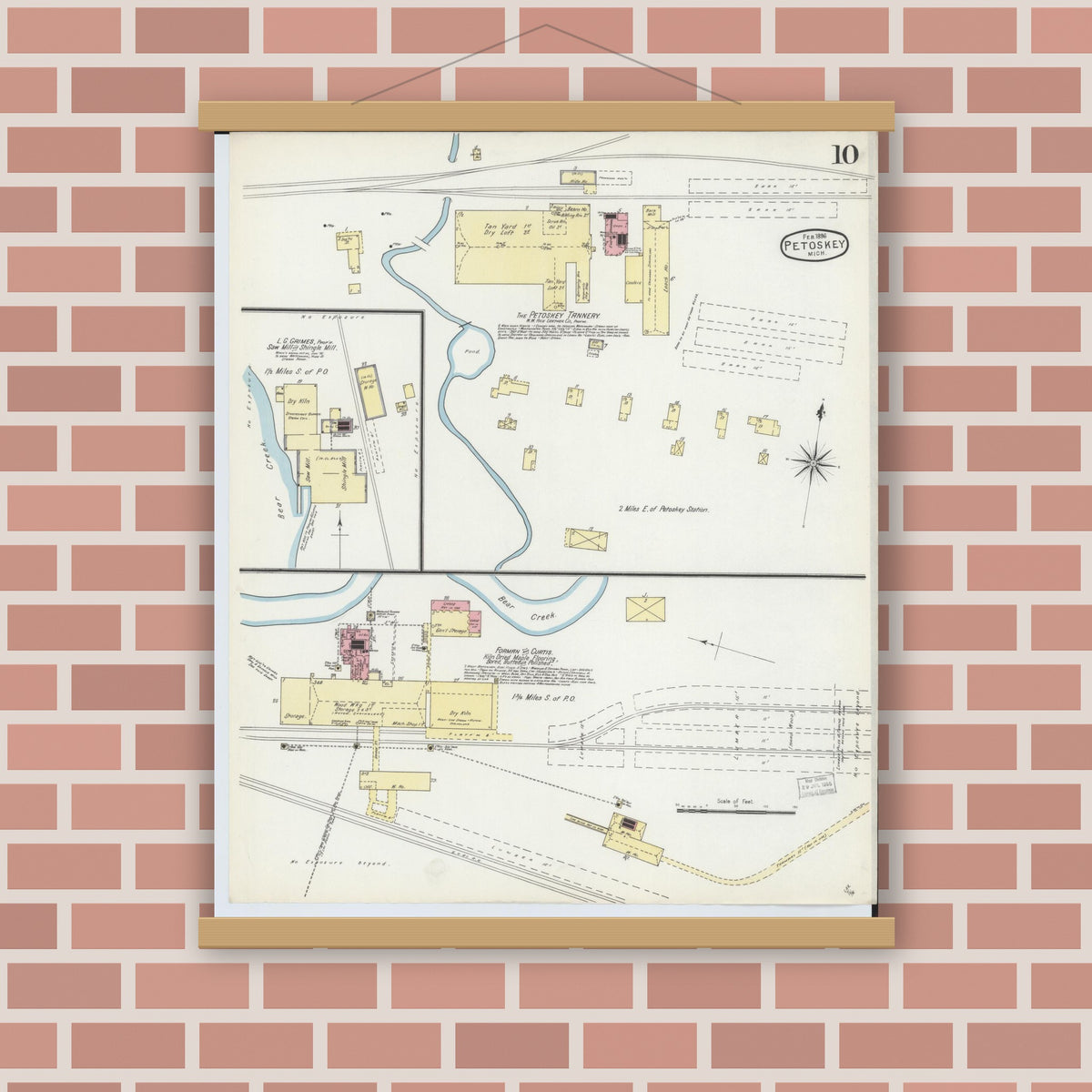 Old map wall art mockup — magnetic wood frame on brick wall — Sanborn Fire Insurance Map from Petoskey, Emmet County, Michigan (1896), Sheet #0010