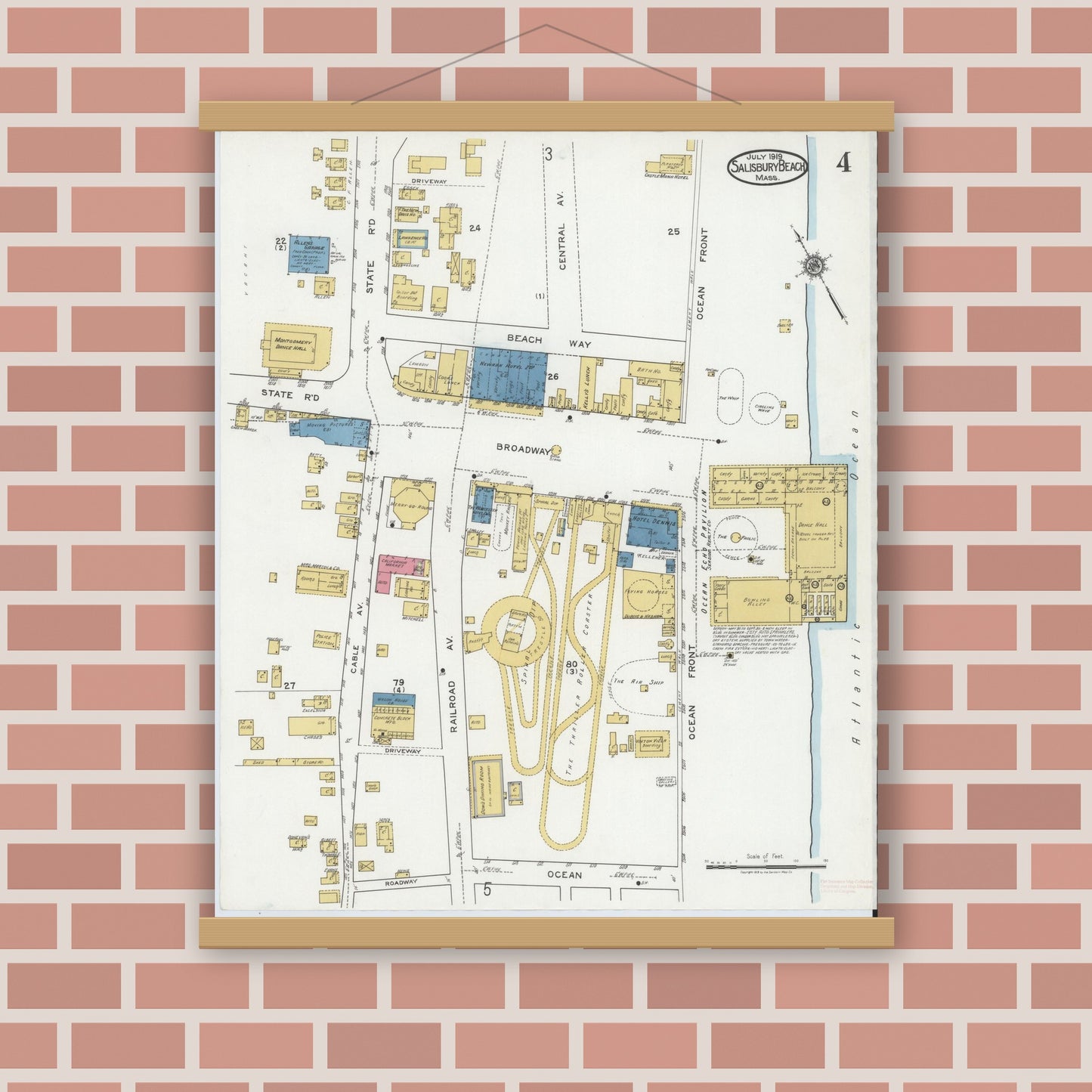 Old map wall art mockup — magnetic wood frame on brick wall — Sanborn Fire Insurance Map from Salisbury, Essex County, Massachusetts (1919), Sheet #0004