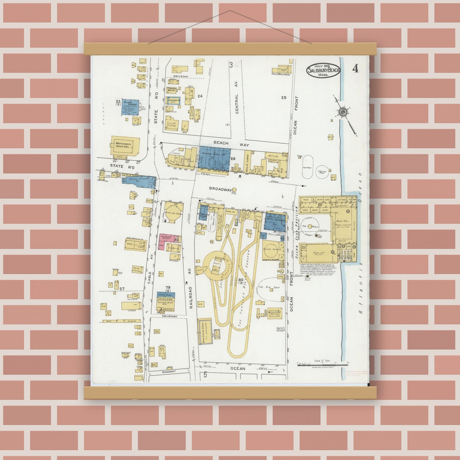 Old map wall art mockup — magnetic wood frame on brick wall — Sanborn Fire Insurance Map from Salisbury, Essex County, Massachusetts (1919), Sheet #0004
