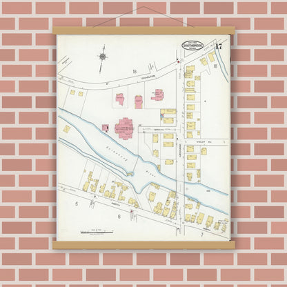 Old map wall art mockup — magnetic wood frame on brick wall — Sanborn Fire Insurance Map from Southbridge, Worcester County, Massachusetts (1918), Sheet #0017