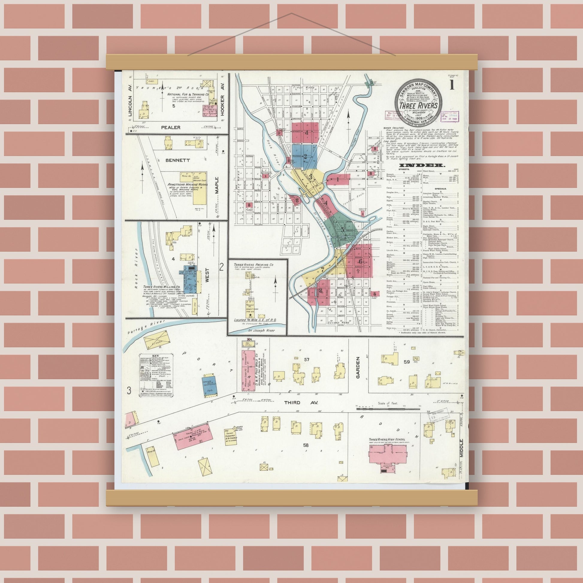 Old map wall art mockup — magnetic wood frame on brick wall — Sanborn Fire Insurance Map from Three Rivers, Saint Joseph County, Michigan (1909), Sheet #0001